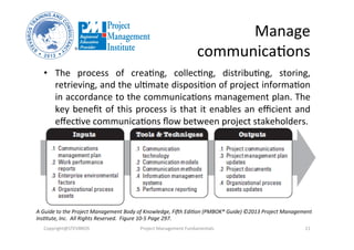 Manage	
  
communica3ons	
  
•  The	
   process	
   of	
   crea3ng,	
   collec3ng,	
   distribu3ng,	
   storing,	
  
retrieving,	
  and	
  the	
  ul3mate	
  disposi3on	
  of	
  project	
  informa3on	
  
in	
  accordance	
  to	
  the	
  communica3ons	
  management	
  plan.	
  The	
  
key	
  beneﬁt	
  of	
  this	
  process	
  is	
  that	
  it	
  enables	
  an	
  eﬃcient	
  and	
  
eﬀec3ve	
  communica3ons	
  ﬂow	
  between	
  project	
  stakeholders.	
  
Copyright@STEVBROS	
   Project	
  Management	
  Fundamentals	
   11	
  
A	
  Guide	
  to	
  the	
  Project	
  Management	
  Body	
  of	
  Knowledge,	
  FiBh	
  Edi9on	
  (PMBOK®	
  Guide)	
  ©2013	
  Project	
  Management	
  
Ins9tute,	
  Inc.	
  	
  All	
  Rights	
  Reserved.	
  	
  Figure	
  10-­‐5	
  Page	
  297.	
  
 