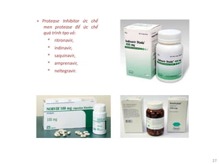 27
+ Protease Inhibitor ức chế
men protease để ức chế
quá trình tạo vỏ:
* ritronavir,
* indinavir,
* saquinavir,
* amprenavir,
* neltegravir.
 