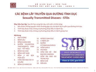 1
CÁC BỆNH LÂY TRUYỀN QUA ĐƯỜNG TÌNH DỤC
Sexually Transmitted Diseaes - STDs
Mục tiêu học tập: Sau khi học xong bài này,sinh viên có khả năng:
1. Nêu được những nguyên nhân thường gặp của các bệnh lây truyền qua đường tình dục.
2. Trình bày được triệu chứng và phương pháp điều trị bệnh lậu.
3. Trình bày được triệu chứng và phương pháp điều trị bệnh giang mai
NộIdung
1. ĐẠICƯƠNG
2. BỆNHLẬU
3. BỆNH GIANG MAI
4. NHIỄM CHLAMYDIA
TRACHOMATIS SINH
DỤC - TIẾT NIỆU
5. BỆNH HẠ CAM
6. BỆNH HỘT XOÀI
7. BỆNH U HẠT BẸN
HOALIỄU
8. VIÊM ÂM ĐẠO DO VI
KHUẨN
9. BỆNH SÙI MÀO GÀ
10. HERPESSINHDỤC
11. U MỀM LÂY
12. NHIỄM
CYTOMEGALOVIRUS
13. VIÊM GAN B
14. HIV/AIDS
15. VIÊM ÂM HỘ - ÂM
ĐẠODOCANDIDA
16. VIÊM ÂM ĐẠO DO
TRÙNGROI
17. BỆNHGHẺ
18. RẬNMU
B Ộ
T R Ư Ờ N G
G I Á
Đ Ạ I
O D Ụ C
Ọ C
– Đ À O T Ạ O
H D U Y T Â N - K H O A Y
 