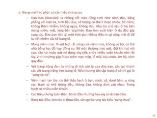28
a. Giang mai II sơ phát: có các triệu chứng sau
− Đào ban (Roseole): là những vết màu hồng tươi như cánh đào, bằng
phẳng với mặt da, hình bầu dục, số lượng có thể ít hoặc nhiều. Sờ mềm,
không thâm nhiễm, không ngứa, không đau. Khu trú chủ yếu ở hai bên
mạng sườn, mặt, lòng bàn tay/chân. Đào ban xuất hiện ở da đầu gây
rụng tóc. Đào ban tồn tại một thời gian không điều trị gì cũng mất đi để
lại vết nhiễm sắc tố loang lổ.
− Mảng niêm mạc: là vết trợt rất nông của niêm mạc, không có bờ, có thể
nhỏ bằng hạt đỗ hay đồng xu. Bề mặt thường trợt ướt, đôi khi hơi nổi
cao, sần sùi hoặc nứt nẻ đóng vảy tiết, chứa nhiều xoắn khuẩn nên rất
lây. Vị trí thường gặp ở các niêm mạc mép, lỗ mũi, hậu môn, âm hộ, rãnh
quy đầu.
− Vết loang trắng đen: là những di tích còn lại của đào ban, sẩn tạo thành
các vết loang trắng đen loang lổ. Nếu thương tổn tập trung ở cổ thì gọi là
“vòng vệ nữ”.
− Viêm hạch lan tỏa: có thể thấy hạch ở bẹn, nách, cổ, dưới hàm, ụ ròng
rọc. Hạch to nhỏ không đều, không đau, không dính vào nhau. Trong
hạch có nhiều xoắn khuẩn.
− Các triệu chứng toàn thân: Nhức đầu thường hay xảy ra về ban đêm.
− Rụng tóc đều, làm tóc bị thưa dần, còn gọi là rụng tóc kiểu “rừng thưa”.
 