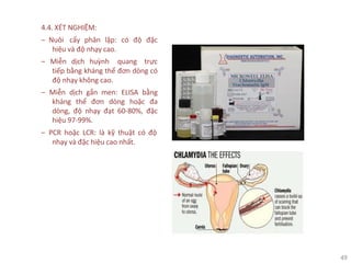 49
4.4. XÉT NGHIỆM:
‒ Nuôi cấy phân lập: có độ đặc
hiệu và độ nhạy cao.
‒ Miễn dịch huỳnh quang trực
tiếp bằng kháng thể đơn dòng có
độ nhạy không cao.
‒ Miễn dịch gắn men: ELISA bằng
kháng thể đơn dòng hoặc đa
dòng, độ nhạy đạt 60-80%, đặc
hiệu 97-99%.
‒ PCR hoặc LCR: là kỹ thuật có độ
nhạy và đặc hiệu cao nhất.
 