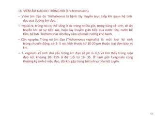 66
16. VIÊM ÂM ĐẠO DO TRÙNG ROI (Trichomoniasis)
‒ Viêm âm đạo do Trichomonas là bệnh lây truyền trực tiếp khi quan hệ tình
dục qua đường âm đạo.
‒ Ngoài ra, trùng roi có thể sống ở da trong nhiều giờ, trong băng vệ sinh, sẽ lây
truyền khi có sự tiếp xúc, hoặc lây truyền gián tiếp qua nước rửa, nước bể
tắm, bể bơi. Trichomonas rất nhạy cảm với môi trường khô hanh.
‒ Căn nguyên: Trùng roi âm đạo (Trichomonas vaginalis) là một loại ký sinh
trùng chuyển động, có 3- 5 roi, kích thước từ 10-20 µm thuộc loại đơn bào kỵ
khí.
‒ T. vaginalis ký sinh chủ yếu trong âm đạo có pH 6- 6,5 và tìm thấy trong niệu
đạo nữ, khoảng 20- 25% ở độ tuổi từ 16- 35. Ở nam giới T.vaginalis cũng
thường ký sinh ở niệu đạo, đôi khi gặp trong túi tinh và tiền liệt tuyến.
 