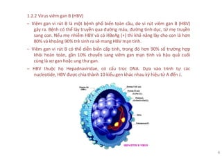 4
1.2.2 Virus viêm gan B (HBV)
‒ Viêm gan vi rút B là một bệnh phổ biến toàn cầu, do vi rút viêm gan B (HBV)
gây ra. Bệnh có thể lây truyền qua đường máu, đường tình dục, từ mẹ truyền
sang con. Nếu mẹ nhiễm HBV và có HBeAg (+) thì khả năng lây cho con là hơn
80% và khoảng 90% trẻ sinh ra sẽ mang HBV mạn tính.
‒ Viêm gan vi rút B có thể diễn biến cấp tính, trong đó hơn 90% số trường hợp
khỏi hoàn toàn, gần 10% chuyển sang viêm gan mạn tính và hậu quả cuối
cùng là xơ gan hoặc ung thư gan.
‒ HBV thuộc họ Hepadnaviridae, có cấu trúc DNA. Dựa vào trình tự các
nucleotide, HBV được chia thành 10 kiểu gen khác nhau ký hiệu từ A đến J.
 