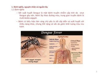 2
1. Định nghĩa, nguyên nhân và nguồn lây
1.1 Định nghĩa
‒ Sốt xuất huyết Dengue là một bệnh truyền nhiễm cấp tính do virut
Dengue gây nên, bênh lây theo đường máu, trung gian truyền bệnh là
muỗi Aedes aegypti.
‒ Bệnh có biểu hiện lâm sàng chủ yếu là sốt cấp diễn và xuất huyết với
nhiều dạng khác, nhưng thể nặng có sốc do giảm khối lượng máu lưu
hành.
 