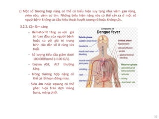 12
c) Một số trường hợp nặng có thể có biểu hiện suy tạng như viêm gan nặng,
viêm não, viêm cơ tim. Những biểu hiện nặng này có thể xảy ra ở một số
người bệnh không có dấu hiệu thoát huyết tương rõ hoặc không sốc.
3.2.2. Cận lâm sàng
‒ Hematocrit tăng so với giá
trị ban đầu của người bệnh
hoặc so với giá trị trung
bình của dân số ở cùng lứa
tuổi.
‒ Số lượng tiểu cầu giảm dưới
100.000/mm3 (<100 G/L).
‒ Enzym AST, ALT thường
tăng.
‒ Trong trường hợp nặng có
thể có rối loạn đông máu.
‒ Siêu âm hoặc xquang có thể
phát hiện tràn dịch màng
bụng, màng phổi.
 