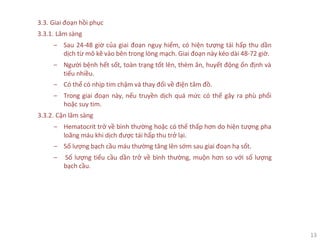13
3.3. Giai đoạn hồi phục
3.3.1. Lâm sàng
‒ Sau 24-48 giờ của giai đoạn nguy hiểm, có hiện tượng tái hấp thu dần
dịch từ mô kẽ vào bên trong lòng mạch. Giai đoạn này kéo dài 48-72 giờ.
‒ Người bệnh hết sốt, toàn trạng tốt lên, thèm ăn, huyết động ổn định và
tiểu nhiều.
‒ Có thể có nhịp tim chậm và thay đổi về điện tâm đồ.
‒ Trong giai đoạn này, nếu truyền dịch quá mức có thể gây ra phù phổi
hoặc suy tim.
3.3.2. Cận lâm sàng
‒ Hematocrit trở về bình thường hoặc có thể thấp hơn do hiện tượng pha
loãng máu khi dịch được tái hấp thu trở lại.
‒ Số lượng bạch cầu máu thường tăng lên sớm sau giai đoạn hạ sốt.
‒ Số lượng tiểu cầu dần trở về bình thường, muộn hơn so với số lượng
bạch cầu.
 