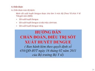 14
4. Chẩn đoán
A. Chẩn đoán mức độ bệnh:
Bệnh sốt xuất huyết Dengue được chia làm 3 mức độ (Theo Tổ chức Y tế
Thế giới năm 2009):
+ Sốt xuất huyết Dengue.
+ Sốt xuất huyết Dengue có dấu hiệu cảnh báo.
+ Sốt xuất huyết Dengue nặng.
 