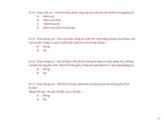 35
8.1.4. Chọn câu sai ~ các hình thái phản ứng mô của vật chủ với nhiễm trùng gồm có:
A. Viêmmủ
B. Viêm u ác tính
C. Viêm hoại tử
D. Viêm mạn tính và sẹo hóa
8.1.5. Chọn đúng sai ~ Các virus đều sống và nhân lên nhờ năng lượng của tế bào chủ
mà nó xâm nhập, vì vậy nó bắt buộc phải ký sinh trong tế bào..
A. Đúng
B. Sai
8.1.6. Chọn đúng sai ~ Các tế bào vi khuẩn là những tê bào có nhân phân tán, không
có lưới nội nguyên sinh, thành tế bào gồm 2 lớp phospholipid và 1 lớp peptidoglycan
A. Đúng
B. Sai
8.1.7. Chọn đúng sai ~ Thể thực khuẩn, plasmid và transposon là những yếu tố di
truyền
động mã hóa các yếu tố độc của vi khuẩn …
A. Đúng
B. Sai
 