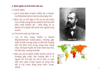 1. Định nghĩa và tình hình mắc lao
1.1 Định nghĩa
‒ Lao là một bệnh truyền nhiễm do vi khuẩn
lao (Mycobacterium tuberculosis) gây nên.
‒ Bệnh lao có thể gặp ở tất cả các bộ phận
của cơ thể, trong đó lao phổi là thể lao phổ
biến nhất (chiếm 80 – 85% tổng số ca
bệnh) và là nguồn lây chính cho người xung
quanh.
1.2 Tình hình mắc lao hiện nay
‒ Lao là tình trạng nhiễm vi khuẩn
Mycobacterium tuberculosis, thường gặp
nhất ở phổi nhưng cũng có thể ảnh hưởng
đến hệ thần kinh trung ương (lao màng
não), hệ bạch huyết, hệ tuần hoàn (lao kê),
hệ niệu dục, xương và khớp.
‒ Hiện nay lao là bệnh nhiễm khuẩn chính và
thường gặp nhất, ảnh hưởng đến 2 tỉ
người tức 1/3 dân số, với 9 triệu ca mới
mỗi năm, gây 2 triệu người tử vong, hầu
hết ở các nước đang phát triển. (map
2014). 2
 