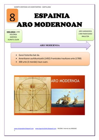 GIZARTE ZIENTZIAK LH5 EGOKITZAPENA - SANTILLANA
www.margarigela.blogspot.com www.laguntza3ziklo.blogspot.com IRUDIAK. Internet eta ARASAAC
1
ESPAINIA
ARO MODERNOAN
8
ARO MODERNOA
ERDI AROA 1.492
KOLONEK
AMERIKA
AURKITU ZUEN
ARO GARAIKIDEA
1789 FRANTZIAKO
IRAULTZA
Garai historiko bat da.
Amerikaren aurkikuntzatik (1492) Frantziako Iraultzara arte (1789)
300 urte (3 mende) iraun zuen.
 