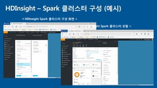 HDInsight – Spark 클러스터 구성 (예시)
< HDInsight Spark 클러스터 구성 화면 >
< HDInsight Spark 클러스터 포탈 >
 