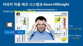 < Apache Hadoop Ecosystem >
아파치 하둡 에코 시스템과 Azure HDInsight
Microsoft’s managed Hadoop as a Service
100% open source Apache Hadoop
Built on the latest releases across Hadoop (2.6)
 향후에도 빠르게 개선되고 있는 하둡 에코 시스템의 최신 버전 활용
 검증된 배포판
Up and running in minutes with no hardware to deploy
 필요한 시점에 바로 배포하여 사용 / Opex vs. Capex / 비용 절감
Hadoop Meets the Cloud
 