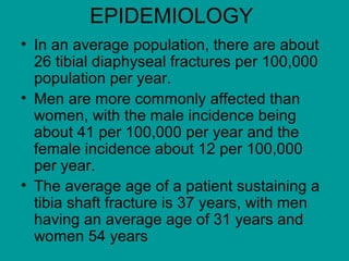 EPIDEMIOLOGY
• In an average population, there are about
26 tibial diaphyseal fractures per 100,000
population per year.
• Men are more commonly affected than
women, with the male incidence being
about 41 per 100,000 per year and the
female incidence about 12 per 100,000
per year.
• The average age of a patient sustaining a
tibia shaft fracture is 37 years, with men
having an average age of 31 years and
women 54 years
 