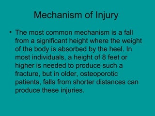 Mechanism of Injury
• The most common mechanism is a fall
from a significant height where the weight
of the body is absorbed by the heel. In
most individuals, a height of 8 feet or
higher is needed to produce such a
fracture, but in older, osteoporotic
patients, falls from shorter distances can
produce these injuries.
 