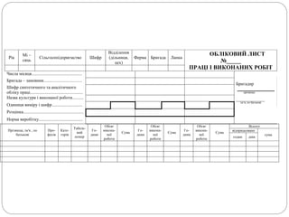 Прізвище, ім'я , по
батькові
Про-
фесія
Кате-
горія
Табель-
ний
номер
Го-
дини
Обсяг
викона-
ної
роботи
Сума
Го-
дини
Обсяг
викона-
ної
роботи
Сума
Го-
дини
Обсяг
викона-
ної
роботи
Сума
Всього
відпрацьовано
сума
годин днів
Рік
Мі –
сяць
Сільгосппідприємство Шифр
Відділення
(дільниця,
цех)
Ферма Бригада Ланка
ОБЛІКОВИЙ ЛИСТ
№_____
ПРАЦІ І ВИКОНАНИХ РОБІТ
Числа місяця..............................................
Бригадир
_________________
прізвище
_____________
ім’я, по батькові
Бригада – замовник...................................
Шифр синтетичного та аналітичного
обліку праці................................................
Назва культури і виконаної роботи..........
Одиниця виміру і шифр............................
Розцінка.......................................................
Норма виробітку........................................
 