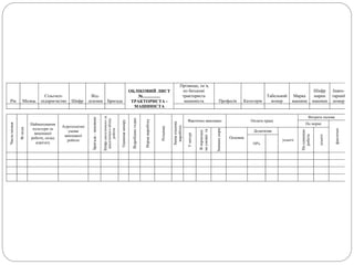 Рік Місяць
Сільгосп-
підприємство Шифр
Від-
ділення Бригада
ОБЛІКОВИЙ ЛИСТ
№................
ТРАКТОРИСТА -
МАШИНІСТА
Прізвище, ім`я,
по батькові
тракториста
машиніста Професія Категорія
Табельний
номер
Марка
машини
Шифр
марки
машини
Інвен-
тарний
номер
Числамісяця
№поля
Найменування
культури та
виконаної
роботи, склад
агрегату
Агротехнічні
умови
виконаної
роботи
Бригада-замовник
Шифрсинтетичногота
аналітичногообліку
роботи
Одиницявиміру
Відробленогодин
Нормавиробітку
Розцінка
Змінаеталона
виробітку
Фактично виконано Оплата праці
Витрата палива
По нормі
фактично
Унатурі
Вперекладі
наумовніга
Зміннихнорм
Основна
Додаткова
усього
Наодиницю
роботи
усього
10%
 
