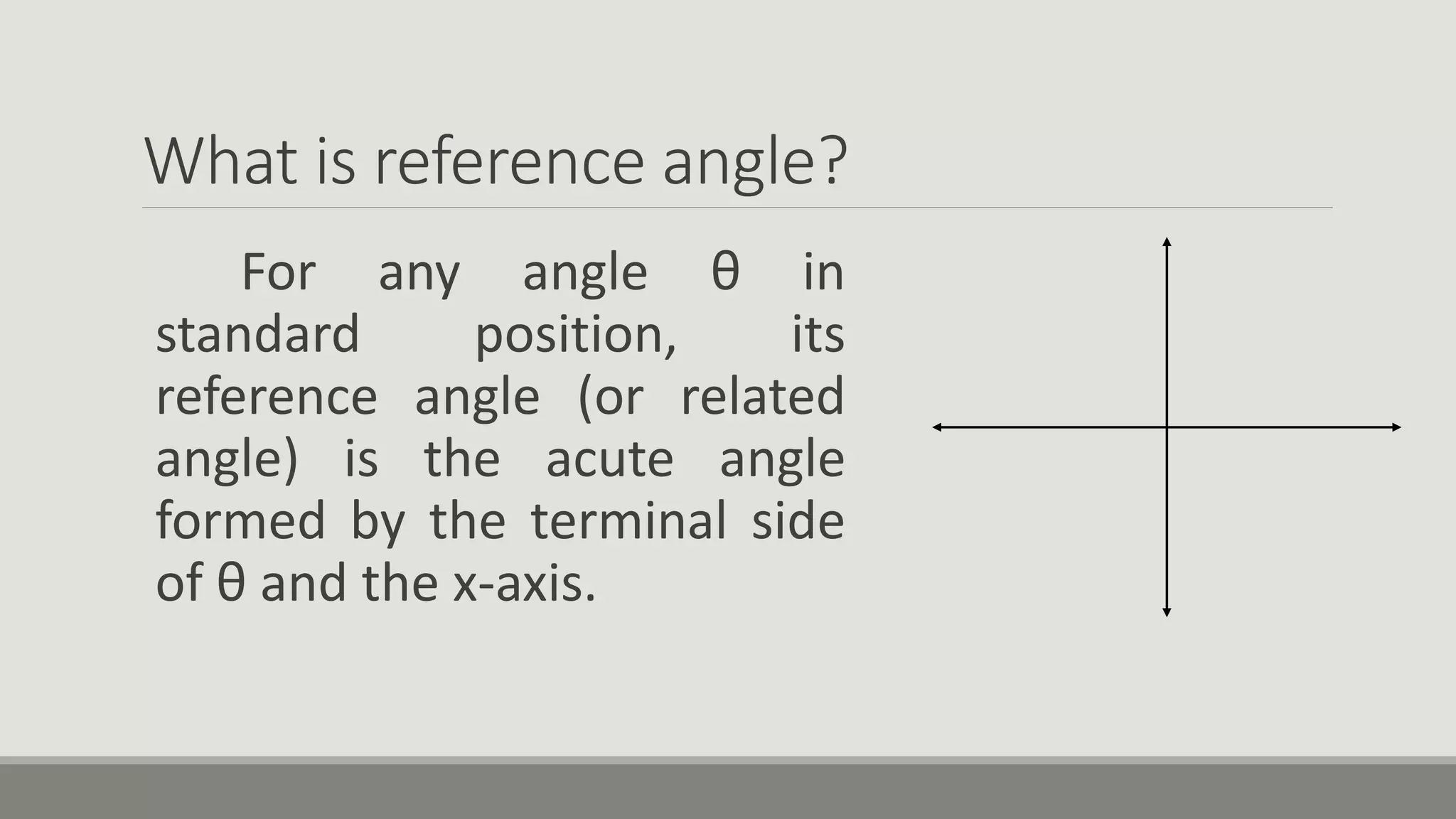 What is reference angle?
For any angle θ in
standard position, its
reference angle (or related
angle) is the acute angle
formed by the terminal side
of θ and the x-axis.
 