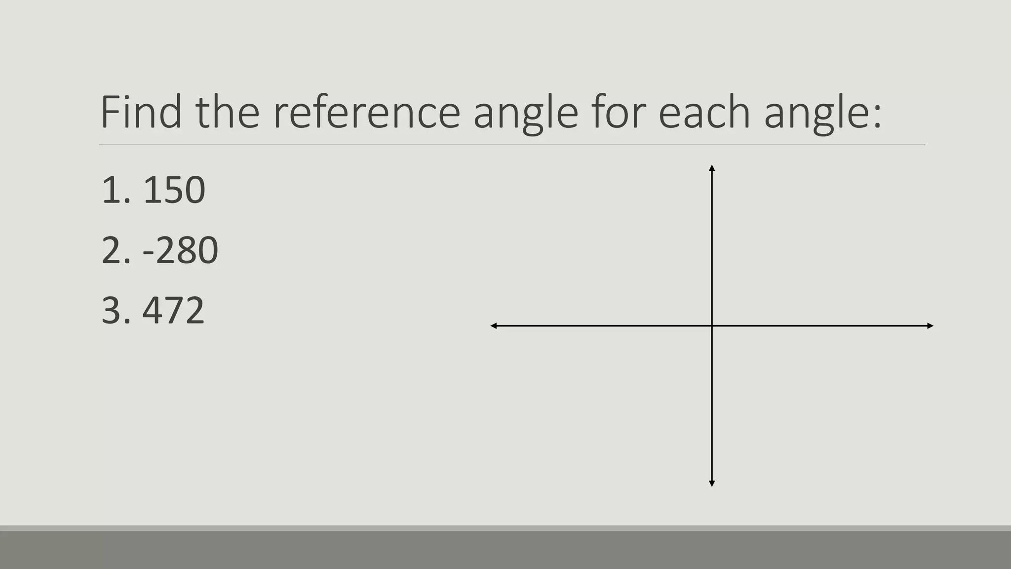 Find the reference angle for each angle:
1. 150
2. -280
3. 472
 