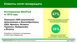 Клиенты хотят возвращать
покупателей отказались от покупки
из-за неудовлетворительной
политики возврата продавца
покупателей не совершит
повторную покупку, если
их не устроили условия доставки
Исследование MetaPack
от 2016 года
Опрошены 3589 покупателей,
проживающих в Великобритании,
США, Франции, Испании,
Германии, Нидерландах
и Италии
47%
38%
Подробнее о компании и исследовании
на сайте www.metapack.com
 