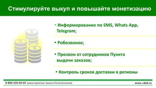 Стимулируйте выкуп и повышайте монетизацию
• Информирование по SMS, Whats App,
Telegram;
• Робозвонок;
• Прозвон от сотрудников Пункта
выдачи заказов;
• Контроль сроков доставки в регионы
 