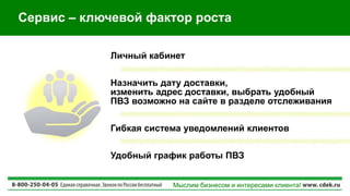 Сервис – ключевой фактор роста
Мыслим бизнесом и интересами клиента!
Личный кабинет
Назначить дату доставки,
изменить адрес доставки, выбрать удобный
ПВЗ возможно на сайте в разделе отслеживания
Гибкая система уведомлений клиентов
Удобный график работы ПВЗ
 