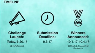 Challenge
Launch:
TIMELINE
Today, 6.20.17
Submission
Deadline:
9.5.17
Winners
Announced:
10.1.17-10.4.17
@ Health 2.0 Annual Fall
Conference
@ HxRefactored
 