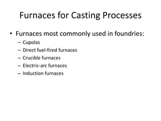 Furnaces for Casting Processes
• Furnaces most commonly used in foundries:
– Cupolas
– Direct fuel-fired furnaces
– Crucible furnaces
– Electric-arc furnaces
– Induction furnaces
 