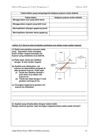 Modul Pengajaran Fizik Tingkatan 5 Tahun 2013
Cikgu Khairul Anuar, SMK Seri Mahkota, Kuantan 13
Faktor-faktor yang mempengaruhi kelajuan putaran motor elektrik
Faktor-faktor Kelajuan putaran motor elektrik
Menggunakan arus yang lebih besar
Menggunakan magnet yang lebih kuat
Meningkatkan bilangan gegelung dawai
Meningkatkan diameter dawai gegelung
a
Latihan 3.2: Daya ke atas konduktor pembawa arus dalam suatu medan magnet.
(1) Rajah menunjukkan susunan radas
yang digunakan untuk mengkaji
kesan medan magnet terhadap rod
kuprum yang membawa arus elektrik.
(a) Pada rajah, tanda dan labelkan
dengan B arah medan magnet.
(b) Apabila suis dihidupkan, rod
kuprum itu diperhatikan bergolek di
atas landasan kuprum. Pada rajah
(i) Tanda dan labelkan dengan I
arah aliran arus dalam rod
kuprum itu.
(ii) Tanda dan label dengan F arah
gerakan rod kuprum itu.
(c) Terangkan bagaimana gerakan rod
kuprum itu dihasilkan.
...................................................................................................................................................
...................................................................................................................................................
...................................................................................................................................................
(2) Apakah yang dimaksudkan dengan medan lastik.
Dengan bantuan gambar rajah terangkan bagaimanakah medan lastik terhasil?
 