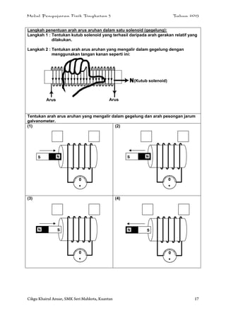 Modul Pengajaran Fizik Tingkatan 5 Tahun 2013
Cikgu Khairul Anuar, SMK Seri Mahkota, Kuantan 17
Langkah penentuan arah arus aruhan dalam satu solenoid (gegelung):
Langkah 1 : Tentukan kutub solenoid yang terhasil daripada arah gerakan relatif yang
dilakukan.
Langkah 2 : Tentukan arah arus aruhan yang mengalir dalam gegelung dengan
menggunakan tangan kanan seperti ini:
Tentukan arah arus aruhan yang mengalir dalam gegelung dan arah pesongan jarum
galvanometer.
(1) (2)
(3) (4)
Arus Arus
(Kutub solenoid)
0
NS
0
NS
0
N S
0
N S
 