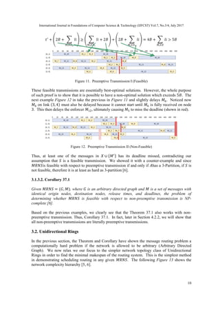 International Journal in Foundations of Computer Science & Technology (IJFCST) Vol.7, No.3/4, July 2017
10
Figure 11. Preemptive Transmission I (Feasible)
These feasible transmissions are essentially best-optimal solutions. However, the whole purpose
of such proof is to show that it is possible to have a non-optimal solution which exceeds 5𝐵. The
next example Figure 12 in take the previous in Figure 11 and slightly delays 𝑀6. Noticed now
𝑀6 on link (3, 4) must also be delayed because it cannot start until 𝑀6 is fully received on node
3. This then delays the enforcer 𝑀12, ultimately causing 𝑀5 to miss the deadline (shown in red).
Figure 12. Preemptive Transmission II (Non-Feasible)
Thus, at least one of the messages in 𝑋 ∪ {𝑀′} has its deadline missed, contradicting our
assumption that 𝑆 is a feasible transmission. We showed it with a counter-example and since
𝑀𝑅𝑁𝑆is feasible with respect to preemptive transmission if and only if 𝐴has a 3-Partition, if 𝑆 is
not feasible, therefore it is at least as hard as 3-partition [6].
3.1.3.2. Corollary 37.1
Given 𝑀𝑅𝑁𝑆 = (𝐺, 𝑀), where 𝐺 is an arbitrary directed graph and 𝑀 is a set of messages with
identical origin nodes, destination nodes, release times, and deadlines, the problem of
determining whether 𝑀𝑅𝑁𝑆 is feasible with respect to non-preemptive transmission is NP-
complete [6].
Based on the previous examples, we clearly see that the Theorem 37.1 also works with non-
preemptive transmission. Thus, Corollary 37.1. In fact, later in Section 4.2.2, we will show that
all non-preemptive transmissions are literally preemptive transmissions.
3.2. Unidirectional Rings
In the previous section, the Theorem and Corollary have shown the message routing problem a
computationally hard problem if the network is allowed to be arbitrary (Arbitrary Directed
Graph). We now relax we our focus to the simpler network topology class of Unidirectional
Rings in order to find the minimal makespan of the routing system. This is the simplest method
in demonstrating scheduling routing in any given 𝑀𝑅𝑁𝑆. The following Figure 13 shows the
network complexity hierarchy [5, 6].
 