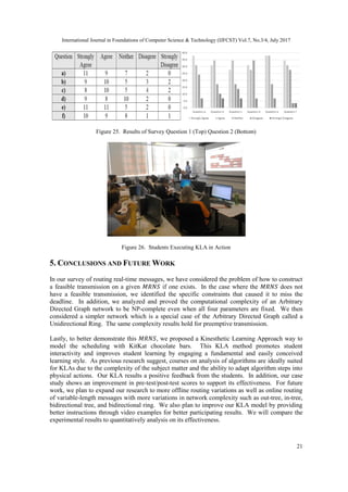 International Journal in Foundations of Computer Science & Technology (IJFCST) Vol.7, No.3/4, July 2017
21
Figure 25. Results of Survey Question 1 (Top) Question 2 (Bottom)
Figure 26. Students Executing KLA in Action
5. CONCLUSIONS AND FUTURE WORK
In our survey of routing real-time messages, we have considered the problem of how to construct
a feasible transmission on a given 𝑀𝑅𝑁𝑆 if one exists. In the case where the 𝑀𝑅𝑁𝑆 does not
have a feasible transmission, we identified the specific constraints that caused it to miss the
deadline. In addition, we analyzed and proved the computational complexity of an Arbitrary
Directed Graph network to be NP-complete even when all four parameters are fixed. We then
considered a simpler network which is a special case of the Arbitrary Directed Graph called a
Unidirectional Ring. The same complexity results hold for preemptive transmission.
Lastly, to better demonstrate this 𝑀𝑅𝑁𝑆, we proposed a Kinesthetic Learning Approach way to
model the scheduling with KitKat chocolate bars. This KLA method promotes student
interactivity and improves student learning by engaging a fundamental and easily conceived
learning style. As previous research suggest, courses on analysis of algorithms are ideally suited
for KLAs due to the complexity of the subject matter and the ability to adapt algorithm steps into
physical actions. Our KLA results a positive feedback from the students. In addition, our case
study shows an improvement in pre-test/post-test scores to support its effectiveness. For future
work, we plan to expand our research to more offline routing variations as well as online routing
of variable-length messages with more variations in network complexity such as out-tree, in-tree,
bidirectional tree, and bidirectional ring. We also plan to improve our KLA model by providing
better instructions through video examples for better participating results. We will compare the
experimental results to quantitatively analysis on its effectiveness.
 