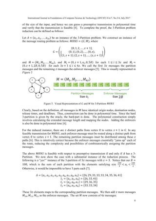 International Journal in Foundations of Computer Science & Technology (IJFCST) Vol.7, No.3/4, July 2017
6
of the size of the input, and hence we can guess a preemptive transmission in polynomial time
and verify that the transmission is feasible [6]. To complete the proof, the 3-Partition problem
reduction can be defined as follows:
Let 𝐴 = (𝑎1, 𝑎2, … , 𝑎3𝑧) be an instance of the 3-Partition problem. We construct an instance of
the message routing problem as follows: 𝑀𝑅𝑁𝑆 = (𝐺, 𝑀), where
𝐺 = (
{0, 1, 2, … , 𝑧 + 1},
{
(0, 1), (0, 2), … , (0, 𝑧),
(1, 𝑧 + 1), (2, 𝑧 + 1), … , (𝑧, 𝑧 + 1)
}
)
and 𝑀 = (𝑀1, 𝑀2, … , 𝑀4𝑧), and 𝑀𝑖 = (0, 𝑧 + 1, 𝑎𝑖, 0, 5𝐵) for each 1 ≤ 𝑖 ≤ 3𝑧 and 𝑀𝑖 =
(0, 𝑧 + 1, 2𝐵, 0, 5𝐵) for each 3𝑧 + 1 ≤ 𝑖 ≤ 4𝑧. We call the first 3𝑧 messages the partition
messages and the remaining 𝑧 messages the enforcer messages [5]. This is visually represented in
Figure 5
Figure 5. Visual Representation of 𝐺 and 𝑀 for 3-Partition 𝑀𝑅𝑁𝑆
Clearly, based on the definition, all messages in 𝑀 have identical origin nodes, destination nodes,
release times, and deadlines. Thus, construction can be done in polynomial time. Since the hard
3-partition is given by the oracle, the hard-part is done. The polynomial construction simply
involves calculating the extended message length and mapping the nodes. Adding the enforcers
is also be done in polynomial time [6].
For the reduced instance, there are 𝑧 distinct paths from vertex 0 to vertex 𝑧 + 1 in 𝐺. In any
feasible transmission for 𝑀𝑅𝑁𝑆, each enforcer message must be routed along a distinct path from
vertex 0 to vertex 𝑧 + 1. The remaining partition messages must be distributed among these 𝑧
paths [6]. This is intuitively correct because the enforcer messages essentially “jams up” each of
the route, reducing the complexity and possibilities of combinatorically assigning the partition
messages.
The above 𝑀𝑅𝑁𝑆 is feasible with respect to preemptive transmission if and only if 𝐴 has a 3-
Partition. We now show the case with a substantial instance of the reduction process. The
following is a “yes”’ instance of the 3-partition of 3𝑧 messages with 𝑧 = 3. Notice that our 𝐵 =
100, which is the sum of each partition with the elements satisfying size
100
4
< 𝑎𝑖 <
100
2
.
Otherwise, it would be impossible to have 3 parts each [7].
𝐴 = {𝑎1, 𝑎2, 𝑎3, 𝑎4, 𝑎5, 𝑎6, 𝑎7, 𝑎8, 𝑎9} = {26, 29, 33, 33, 33, 34, 35, 36, 41}
𝐼1 = {𝑎1, 𝑎3, 𝑎9} = {26, 33, 41}
𝐼2 = {𝑎2, 𝑎8, 𝑎7} = {29, 36, 35}
𝐼3 = {𝑎4, 𝑎5, 𝑎6} = {33, 33, 34}
These 3𝑧 elements maps to the corresponding partition messages. We then add 𝑧 more messages
𝑀10, 𝑀11, 𝑀12 as the enforcer messages. The set 𝑀 now consists of 4𝑧 messages:
 