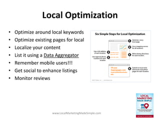 www.LocalMarketingMadeSimple.com
Local Optimization
• Optimize around local keywords
• Optimize existing pages for local
• Localize your content
• List it using a Data Aggregator
• Remember mobile users!!!
• Get social to enhance listings
• Monitor reviews
 