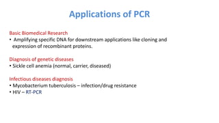 Basic Biomedical Research
• Amplifying specific DNA for downstream applications like cloning and
expression of recombinant proteins.
Diagnosis of genetic diseases
• Sickle cell anemia (normal, carrier, diseased)
Infectious diseases diagnosis
• Mycobacterium tuberculosis – infection/drug resistance
• HIV – RT-PCR
Applications of PCR
 
