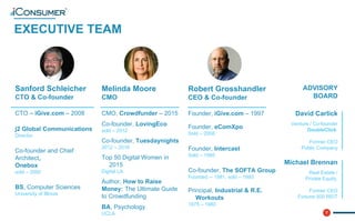 7
EXECUTIVE TEAM
Sanford Schleicher
CTO & Co-founder
CTO – iGive.com – 2008
j2 Global Communications
Director
Co-founder and Chief
Architect,
Onebox
sold – 2000
BS, Computer Sciences
University of Illinois
Melinda Moore
CMO
CMO, Crowdfunder – 2015
Co-founder, LovingEco
sold – 2012
Co-founder, Tuesdaynights
2012 – 2016
Top 50 Digital Women in
2015
Digital LA
Author, How to Raise
Money: The Ultimate Guide
to Crowdfunding
BA, Psychology
UCLA
®
ADVISORY
BOARD
David Carlick
Venture / Co-founder
DoubleClick,
Former CEO
Public Company
Michael Brennan
Real Estate /
Private Equity,
Former CEO
Fortune 500 REIT
Robert Grosshandler
CEO & Co-founder
Founder, iGive.com – 1997
Founder, eComXpo
Sold – 2008
Founder, Intercast
Sold – 1995
Co-founder, The SOFTA Group
Founded -- 1981, sold – 1993
Principal, Industrial & R.E.
Workouts
1975 – 1980
 