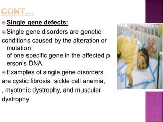  Single gene defects:
 Single gene disorders are genetic
conditions caused by the alteration or
mutation
of one specific gene in the affected p
erson’s DNA.
 Examples of single gene disorders
are cystic fibrosis, sickle cell anemia,
, myotonic dystrophy, and muscular
dystrophy
 