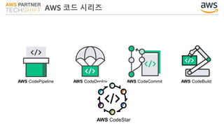 AWS 코드 시리즈
AWS CodePipeline AWS CodeCommit AWS CodeBuildAWS CodeDeploy
AWS CodeStar
 