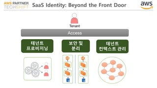 SaaS Identity: Beyond the Front Door
테넌트
컨텍스트 관리
보안 및
분리
Tenant
Access
테넌트
프로비저닝
 