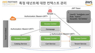 특정 테넌트에 대한 컨텍스트 관리
Tenant
Access Control
Homepage
Access Control
Catalog Service
Access Control
Cart Service
TenantContext
{
UserID: “bob@abc.com”
Role: “Admin”,
TenantID: “93194942”
}
JWT Token
Authorization: Bearer<JWT>
Authorization: Bearer<JWT>
Authorization: Bearer<JWT>
Access Control
Auth ServiceTenant Service
 