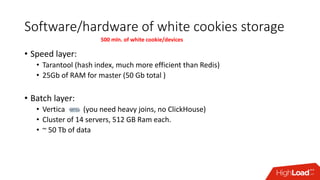 Software/hardware of white cookies storage
• Speed layer:
• Tarantool (hash index, much more efficient than Redis)
• 25Gb of RAM for master (50 Gb total )
• Batch layer:
• Vertica …… (you need heavy joins, no ClickHouse)
• Cluster of 14 servers, 512 GB Ram each.
• ~ 50 Tb of data
500 mln. of white cookie/devices
 