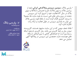 7.‫بال‬ ‫پارسی‬‫گ‬
Parsiblog.com
‫الکسا‬‫رتبه‬:
13211‫جهان‬/293‫ایران‬
‫گوگل‬‫ایندکس‬‫تعداد‬:
‫حدود‬400‫صفحه‬‫هزار‬
،‫بالگ‬ ‫پارسی‬‫ایرانی‬ ‫وبالگدهی‬ ‫سرویس‬ ‫سومین‬(‫بع‬‫از‬ ‫د‬
‫بالگ‬ ‫میهن‬ ‫و‬ ‫بالگ‬ ‫پرشین‬)‫و‬ ‫بالگفا‬ ‫با‬ ‫همزمان‬ ‫تقریبا‬ ،‫میهن‬
‫سال‬ ‫در‬ ‫بالگ‬83‫کرد‬ ‫شروع‬ ‫را‬ ‫خود‬ ‫فعالیت‬.‫سرویس‬ ‫این‬
‫م‬ ،‫ها‬ ‫سایت‬ ‫بقیه‬ ‫به‬ ‫نسبت‬ ‫فنی‬ ‫های‬ ‫بروزرسانی‬ ‫در‬ ‫دهنده‬‫عموال‬
‫است‬ ‫کرده‬ ‫اقدام‬ ‫کمتری‬ ‫سرعت‬ ‫با‬.‫بال‬ ‫پارسی‬ ‫قوت‬ ‫نقاط‬ ‫از‬‫گ‬
‫ربات‬ ‫ارائه‬ ‫و‬ ‫فعالیت‬ ‫طول‬ ‫در‬ ‫سرویس‬ ‫پایداری‬ ‫به‬ ‫توان‬ ‫می‬
‫کرد‬ ‫اشاره‬ ‫تلگرام‬.
‫کاربرپ‬ ،‫هستند‬ ‫مشهود‬ ‫سایت‬ ‫این‬ ‫در‬ ‫که‬ ‫مهمی‬ ‫ضعف‬ ‫نقاط‬‫سند‬
‫باشد‬ ‫می‬ ‫کاربری‬ ‫رابط‬ ‫و‬ ‫پنل‬ ‫نبودن‬.‫وج‬ ‫با‬ ‫کاربری‬ ‫پنل‬‫اینکه‬ ‫ود‬
‫دستگ‬ ‫مرورگرهای‬ ‫با‬ ‫کاملی‬ ‫هماهنگی‬ ‫اما‬ ‫است‬ ‫رسپانسیو‬‫اه‬
‫ندارد‬ ‫هوشمند‬ ‫های‬.‫آگهی‬ ‫وبالگها‬ ‫در‬ ‫سرویس‬ ‫این‬ ‫همچنین‬
‫دهد‬ ‫می‬ ‫نمایش‬.
13MindMade.ir
 