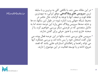 MindMade.ir
‫س‬ ‫با‬ ‫و‬ ‫برترین‬ ‫به‬ ‫کلی‬ ‫نگاهی‬ ‫با‬ ،‫شد‬ ‫سعی‬ ‫مقاله‬ ‫این‬ ‫در‬‫ابقه‬
‫ترین‬‫وبالگدهی‬ ‫های‬ ‫سرویس‬‫مهمترین‬ ‫به‬ ،‫ایرانی‬ ‫موفق‬
‫در‬ ‫حاضر‬ ‫حال‬ ‫الزامات‬ ‫به‬ ‫توجه‬ ‫با‬ ‫آنها‬ ‫ضعف‬ ‫و‬ ‫قوت‬ ‫نقاط‬
‫ه‬ ‫ده‬ ،‫سالها‬ ‫این‬ ‫طول‬ ‫در‬ ‫شود؛‬ ‫اشاره‬ ،‫وب‬ ‫جهانی‬ ‫شبکه‬ ‫محیط‬‫ا‬
‫ب‬ ‫اما‬ ‫شدند‬ ‫عرصه‬ ‫این‬ ‫وارد‬ ‫دهی‬ ‫وبالگ‬ ‫سرویس‬ ‫صدها‬ ‫شاید‬ ‫و‬‫ه‬
،‫کرد‬ ‫خواهیم‬ ‫بررسی‬ ‫دیگر‬ ‫فرصتی‬ ‫در‬ ‫که‬ ‫متعددی‬ ‫دالیل‬‫از‬ ‫یا‬
‫گفتن‬ ‫برای‬ ‫حرفی‬ ‫هنوز‬ ‫یا‬ ‫و‬ ‫شده‬ ‫خارج‬ ‫صحنه‬‫ندارند‬.
‫سرویس‬‫م‬ ،‫بوده‬ ‫فعال‬ ‫عرصه‬ ‫این‬ ‫در‬ ‫سالها‬ ،‫شده‬ ‫بررسی‬ ‫های‬‫ی‬
‫آن‬ ‫عملکرد‬ ‫بررسی‬ ‫و‬ ،‫اند‬ ‫داده‬ ‫پس‬ ‫را‬ ‫خود‬ ‫امتحان‬ ‫گفت‬ ‫توان‬‫ها‬
‫قصد‬ ‫که‬ ‫باشد‬ ‫هایی‬ ‫استارتاپ‬ ‫راهگشای‬ ‫و‬ ‫راهنما‬ ‫تواند‬ ‫می‬
‫دارند‬ ‫را‬ ‫موضوع‬ ‫این‬ ‫در‬ ‫فعالیت‬ ‫توسعه‬ ‫یا‬ ‫و‬ ‫ادامه‬ ،‫شروع‬.
16MindMade.ir
 