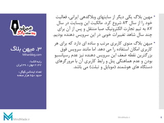 3.‫بالگ‬ ‫میهن‬
Mihanblog.com
‫الکسا‬‫رتبه‬:
2142‫جهان‬/36‫ایران‬
‫گوگل‬‫ایندکس‬‫تعداد‬:
‫حدود‬650‫صفحه‬‫هزار‬
‫ف‬ ،‫ایرانی‬ ‫وبالگدهی‬ ‫سایتهای‬ ‫از‬ ‫دیگر‬ ‫یکی‬ ‫بالگ‬ ‫مهین‬‫عالیت‬
‫سال‬ ‫از‬ ‫را‬ ‫خود‬83‫کرد‬ ‫شروع‬.‫سال‬ ‫در‬ ‫وبسایت‬ ‫این‬ ‫مالکیت‬
87‫ب‬ ‫آن‬ ‫از‬ ‫پس‬ ‫و‬ ‫منتقل‬ ‫صبا‬ ‫الکترونیک‬ ‫تجارت‬ ‫تیم‬ ‫به‬‫رای‬
‫بودی‬ ‫دهنده‬ ‫سرویس‬ ‫این‬ ‫در‬ ‫خوبی‬ ‫تغییرات‬ ‫شاهد‬ ‫سال‬ ‫چند‬‫م‬.
‫هر‬ ‫برای‬ ‫که‬ ‫دارد‬ ‫ای‬ ‫ساده‬ ‫و‬ ‫مرتب‬ ‫کاربری‬ ‫منوی‬ ‫بالگ‬ ‫میهن‬
‫دهد‬ ‫می‬ ‫را‬ ‫استفاده‬ ‫امکان‬ ‫کاربری‬.‫فوق‬ ‫سرویس‬ ‫مانند‬ ‫اما‬
‫رسپ‬ ‫عدم‬ ‫نیز‬ ‫دهنده‬ ‫سرویس‬ ‫این‬ ‫ضعف‬ ‫نقطه‬ ‫بزرگترین‬‫انسیو‬
‫مرورگرهای‬ ‫با‬ ‫آن‬ ‫کاربری‬ ‫رابط‬ ‫و‬ ‫پنل‬ ‫هماهنگی‬ ‫عدم‬ ‫و‬ ‫بودن‬
‫هوشمند‬ ‫های‬ ‫دستگاه‬(‫تبلت‬ ‫و‬ ‫موبایل‬)‫باشد‬ ‫می‬.
6MindMade.ir
 