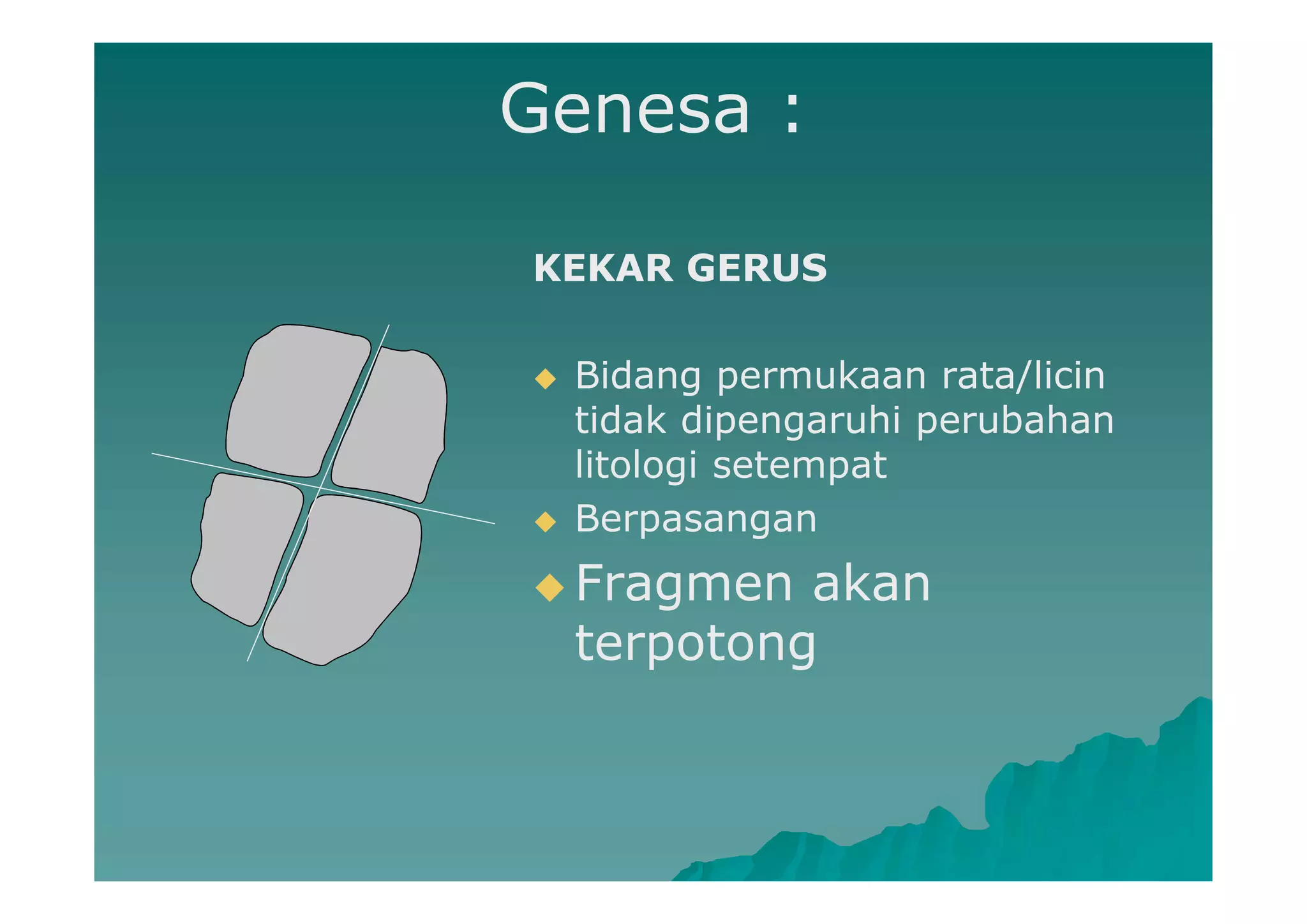 Genesa :
KEKAR GERUS
 Bidang permukaan rata/licin
tidak dipengaruhi perubahan
litologi setempat
 Berpasangan
 Fragmen akan
terpotong
 