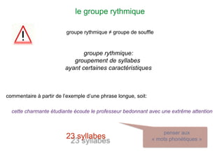 le groupe rythmique
groupe rythmique ≠ groupe de souffle
groupe rythmique:
groupement de syllabes
ayant certaines caractéristiques
commentaire à partir de l’exemple d’une phrase longue, soit:
cette charmante étudiante écoute le professeur bedonnant avec une extrême attention
23 syllabes
penser aux
« mots phonétiques »
 