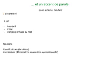 ✔︎ accent libre
donc, externe, facultatif
il est
- facultatif
- initial
- domaine: syllabe ou mot
fonctions
identificatrices (émotions)
impressives (démarcative, contrastive, oppositionnelle)
… et un accent de parole
 