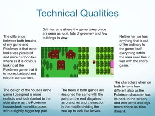 Technical Qualities
Both terrains where the game takes place
are seen as rural, lots of greenery and few
buildings in view. Neither terrain has
anything that is out
of the ordinary to
the game itself,
everything within
the area seen ties in
well with the entire
game.
The difference
between both terrains
of my game and
Pokémon is that mine
looks less pixelated
and more cartoon like
where as it is obvious
looking at the
Pokémon game that it
is more pixelated and
retro in comparison.
The design of the houses in the
game I designed is more
realistic and look slanted to the
side where as the Pokémon
houses look more like boxes
with a slightly bigger top part.
The trees in both games are
designed the same with the
point on the end disguised
as branches and the section
in the middle dividing the
tree up to look like leaves.
The characters when on
both terrains look
different also as the
Pokémon character has
its back to the screen
and their arms and legs
move where as mine
doesn’t.
 
