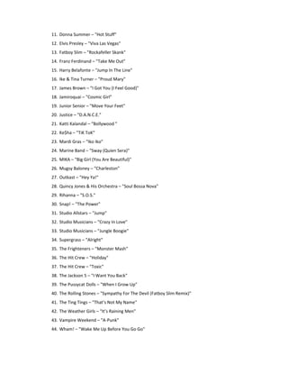 11. Donna Summer – "Hot Stuff" 
12. Elvis Presley – "Viva Las Vegas" 
13. Fatboy Slim – "Rockafeller Skank" 
14. Franz Ferdinand – "Take Me Out" 
15. Harry Belafonte – "Jump In The Line" 
16. Ike & Tina Turner – "Proud Mary" 
17. James Brown – "I Got You (I Feel Good)" 
18. Jamiroquai – "Cosmic Girl" 
19. Junior Senior – "Move Your Feet" 
20. Justice – "D.A.N.C.E." 
21. Katti Kalandal – “Bollywood " 
22. Ke$ha – "TiK ToK" 
23. Mardi Gras – "Iko Iko" 
24. Marine Band – "Sway (Quien Sera)" 
25. MIKA – "Big Girl (You Are Beautiful)" 
26. Mugsy Baloney – “Charleston” 
27. Outkast – "Hey Ya!" 
28. Quincy Jones & His Orchestra – "Soul Bossa Nova" 
29. Rihanna – "S.O.S." 
30. Snap! – "The Power" 
31. Studio Allstars – "Jump" 
32. Studio Musicians – "Crazy In Love" 
33. Studio Musicians – "Jungle Boogie" 
34. Supergrass – "Alright" 
35. The Frighteners – "Monster Mash" 
36. The Hit Crew – "Holiday" 
37. The Hit Crew – "Toxic" 
38. The Jackson 5 – "I Want You Back" 
39. The Pussycat Dolls – "When I Grow Up" 
40. The Rolling Stones – "Sympathy For The Devil (Fatboy Slim Remix)" 
41. The Ting Tings – "That’s Not My Name" 
42. The Weather Girls – "It’s Raining Men" 
43. Vampire Weekend – "A‐Punk" 
44. Wham! – "Wake Me Up Before You Go Go" 
 