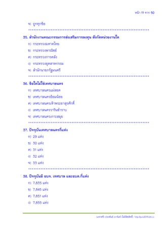 หน้า 11 จาก 50
(แจกฟรี) ประพันธ์ เวารัมย์ (ไม่มีลิขสิทธิ์) http://pun2013.bth.cc
จ) ถูกทุกข้อ
**********************************************************************
35. สานักงานคณะกรรมการส่งเสริมการลงทุน สังกัดหน่วยงานใด
ก) กระทรวงมหาดไทย
ข) กระทรวงพาณิชย์
ค) กระทรวงการคลัง
ง) กระทรวงอุตสาหกรรม
จ) สานักนายกรัฐมนตรี
**********************************************************************
36. ข้อใดไม่ใช่เทศบาลนคร
ก) เทศบาลนครแม่สอด
ข) เทศบาลนครอ้อมน้อย
ค) เทศบาลนครเจ้าพระยาสุรศักดิ์
ง) เทศบาลนครวารินชาราบ
จ) เทศบาลนครเกาะสมุย
**********************************************************************
37. ปัจจุบันเทศบาลนครกี่แห่ง
ก) 29 แห่ง
ข) 30 แห่ง
ค) 31 แห่ง
ง) 32 แห่ง
จ) 33 แห่ง
**********************************************************************
38. ปัจจุบันมี อบจ. เทศบาล และอบต.กี่แห่ง
ก) 7,835 แห่ง
ข) 7,845 แห่ง
ค) 7,851 แห่ง
ง) 7,855 แห่ง
 