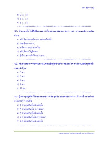 หน้า 36 จาก 50
(แจกฟรี) ประพันธ์ เวารัมย์ (ไม่มีลิขสิทธิ์) http://pun2013.bth.cc
ค) 2 : 3 : 3
ง) 3 : 3 : 3
จ) 3 : 3 : 4
**********************************************************************
121. ตาแหน่งใด ไม่ได้เป็นกรรมการโดยตาแหน่งของคณะกรรมการกลางพนักงานส่วน
ตาบล
ก) อธิบดีกรมส่งเสริมการปกครองท้องถิ่น
ข) เลขาธิการ ก.พ.ร.
ค) ปลัดกระทรวงมหาดไทย
ง) อธิบดีกรมบัญชีกลาง
จ) ผู้อานวยการสานักงบประมาณ
**********************************************************************
122. คณะกรรมการวินิจฉัยการเปิดเผยข้อมูลข่าวสาร คณะหนึ่งๆ ประกอบด้วยบุคคลไม่
น้อยกว่ากี่คน
ก) 3 คน
ข) 5 คน
ค) 6 คน
ง) 9 คน
จ) 12 คน
**********************************************************************
123. ผู้ทรงคุณวุฒิที่เป็นคณะกรรมการข้อมูลข่าวสารของราชการ มีวาระในการดารง
ตาแหน่งคราวละกี่ปี
ก) 2 ปี นับแต่วันที่ได้รับแต่งตั้ง
ข) 3 ปี นับแต่วันที่รับการสรรหา
ค) 3 ปี นับแต่วันที่ได้รับแต่งตั้ง
ง) 4 ปี นับแต่วันที่ได้รับการสรรหา
จ) 4 ปี นับแต่วันที่ได้รับแต่งตั้ง
**********************************************************************
 